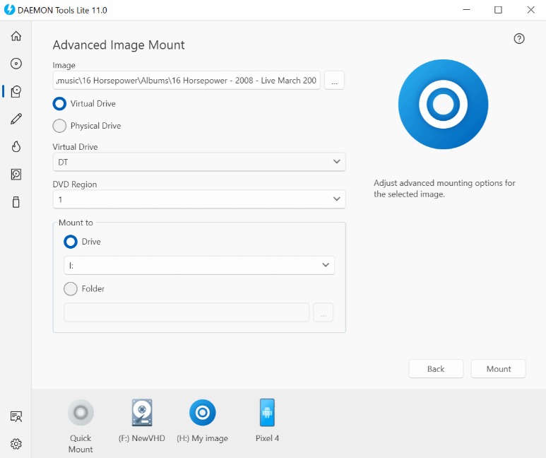 Advanced Image Mount choosing DT target and drive letter