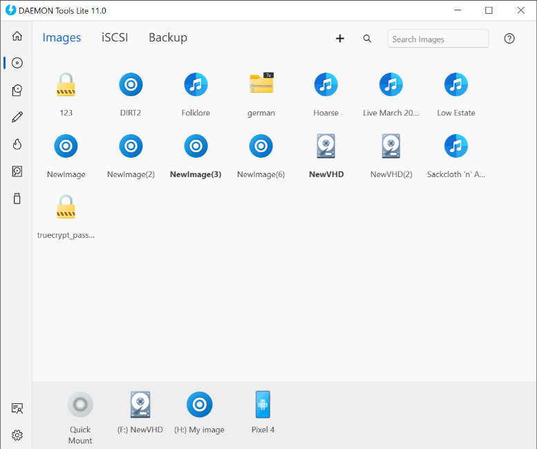 Disc image catalog grid showing mounted volumes and folders