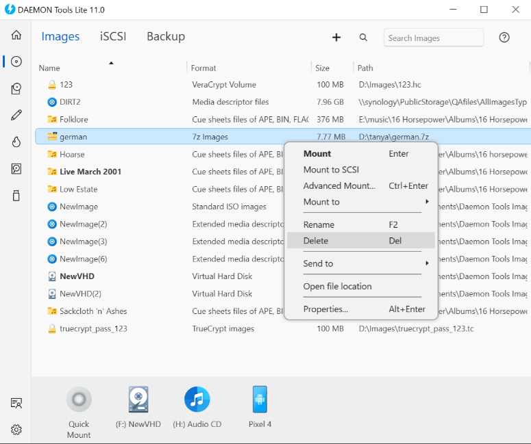 List of virtual DT drives registered in the system