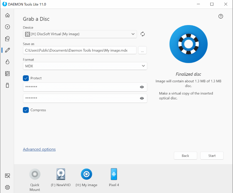 Wizard steps for grabbing a physical disc to an image file