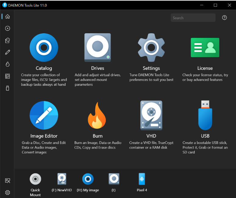Lite home screen with Catalog, Drives, Settings and module tiles