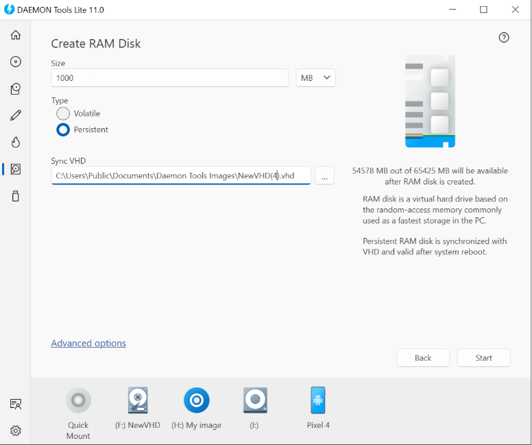 Create RAM Disk dialog with optional persistent VHD sync
